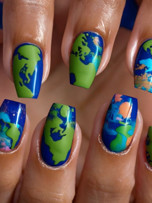 A woman's nails are decorated with a map of the earth.