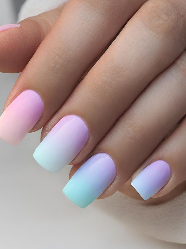 A woman's hand with pink and blue ombre nails.