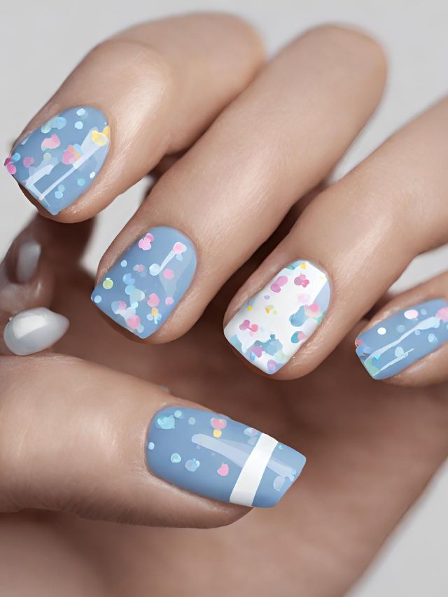A woman with blue and white nails with confetti on them.
