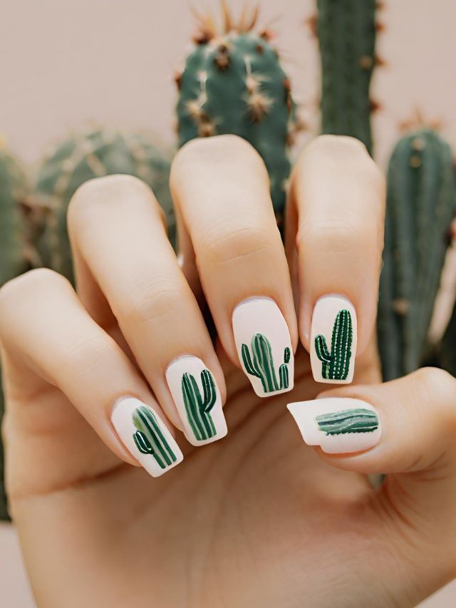A woman's hand adorned with creative cactus nail designs.