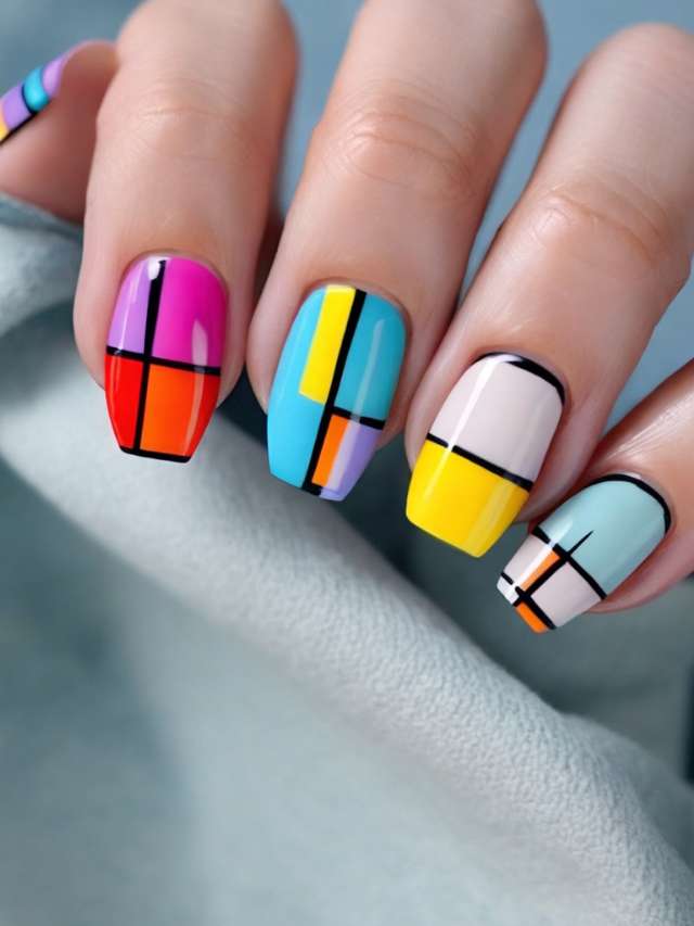 A woman's hand is holding a colorful nail design.