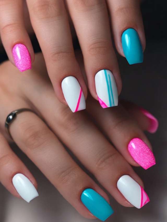 A woman's nails with blue and pink designs.