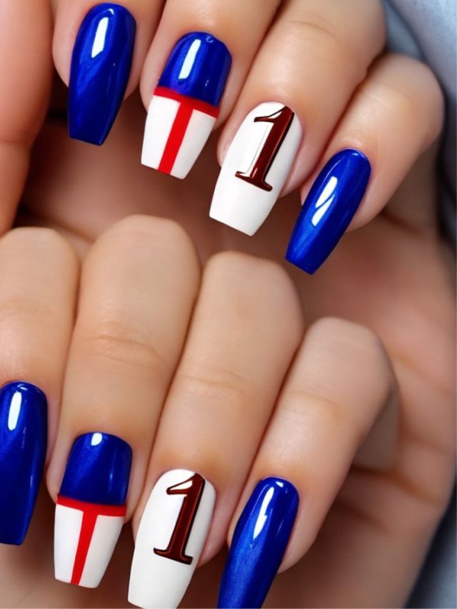 A woman showcasing a creative nail design with a blue and white theme, featuring the number 1.