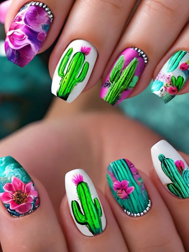 A woman's nail designs featuring creative cactus ideas with flowers.