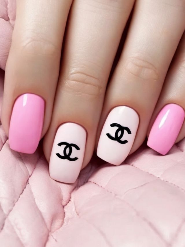 Chanel nails with pink and black fall nail designs.