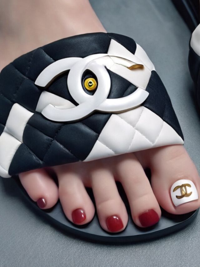 Chanel sandals in a stylish black and white checkered pattern.