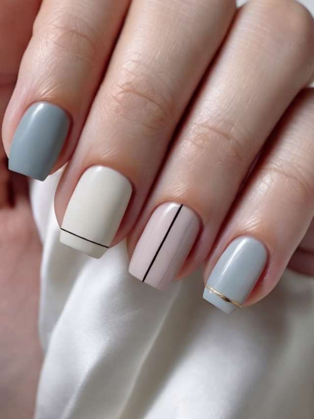 A woman's hand with a white, blue and grey manicure.