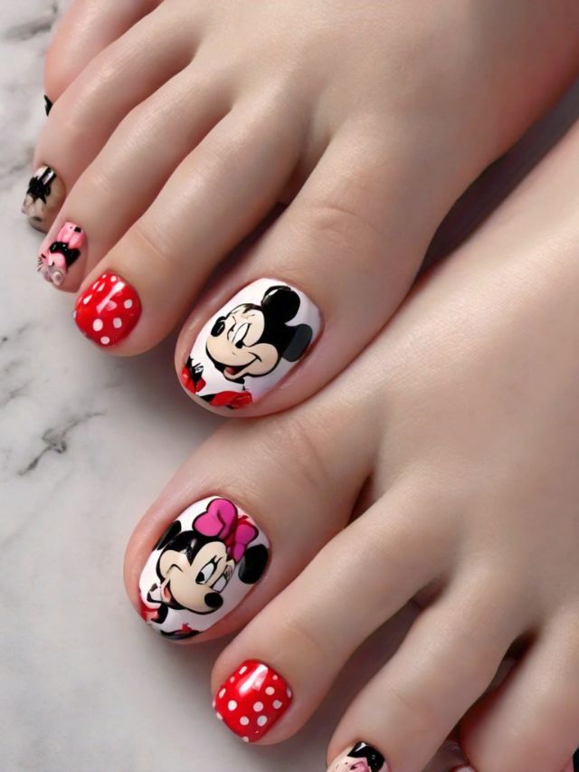 A woman's toes are decorated with minnie mouse and polka dots.