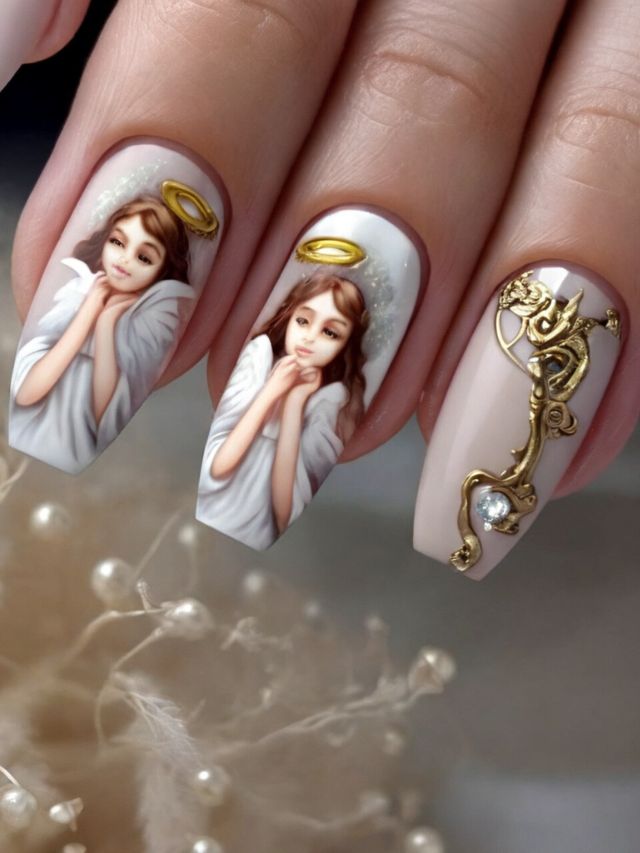 A woman's nails showcase innovative angel-inspired nail designs adorned with exquisite pearls.