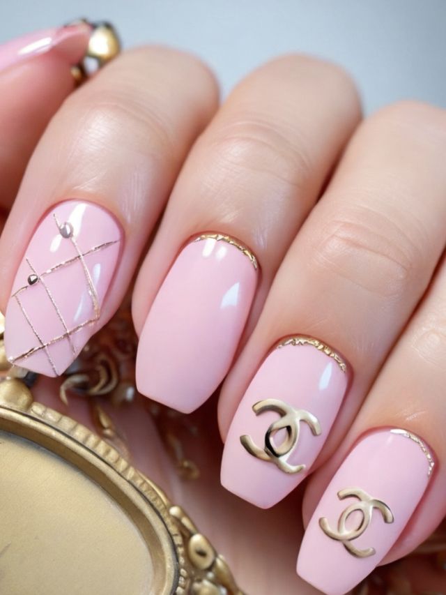 A hand with cute fall nail designs, featuring pink painted nails.