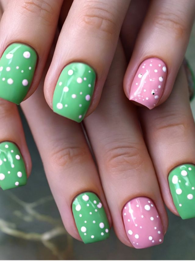 A woman showcasing her eye-catching pink and green nail design.
