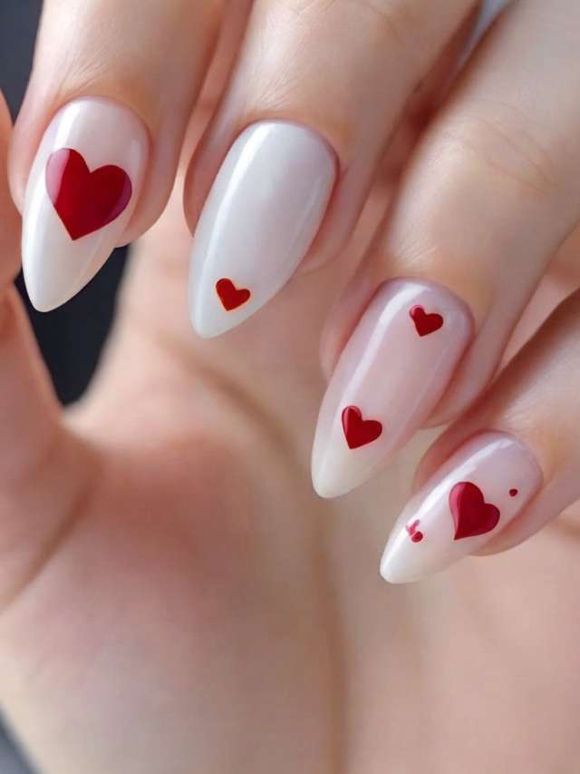 Valentine's day nails with hearts on them.