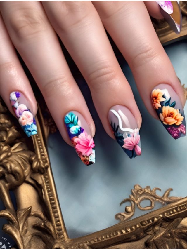A woman's nails are decorated with colorful flowers.