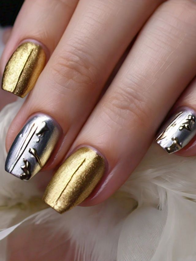 A woman with Easter-inspired gold and silver nails adorned with feathers.
