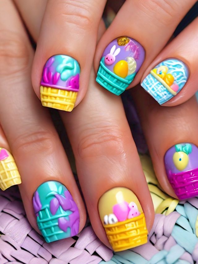A woman's nails are beautifully adorned with Easter-inspired nail designs, featuring intricate Easter baskets.