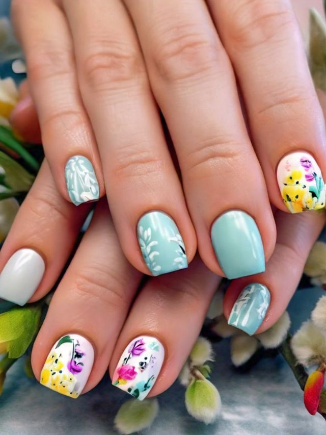 An elegant nail design featuring flowers, perfect for Easter.