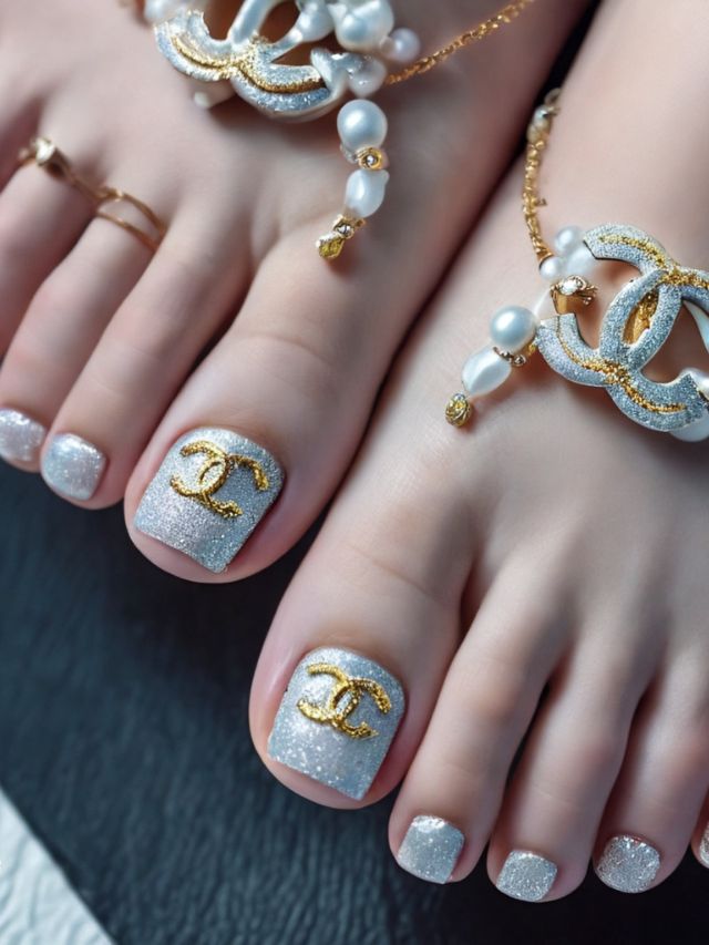 A cute pair of fall toe nail designs featuring chanel and pearls.
