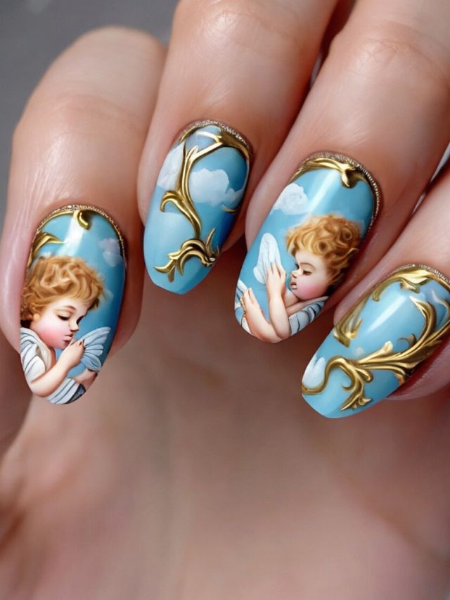 A woman is showcasing a nail with a stunning blue and gold design, demonstrating one of the best nail ideas available.