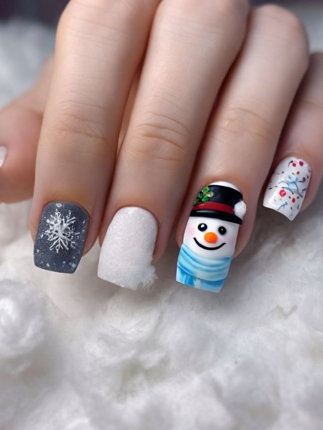 A woman's nails are decorated with snowmen and snowflakes in stunning Nail Designs.