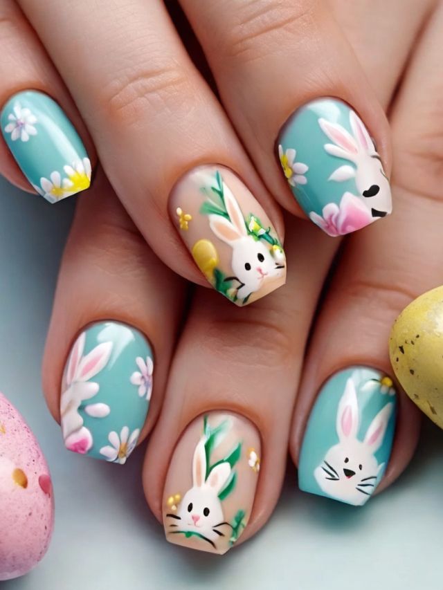 A woman's nails with easter bunny nail design and easter eggs.