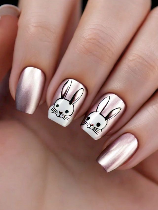 A woman showcasing a cute Easter bunny nail design with a pink background and adorable white bunny motif.