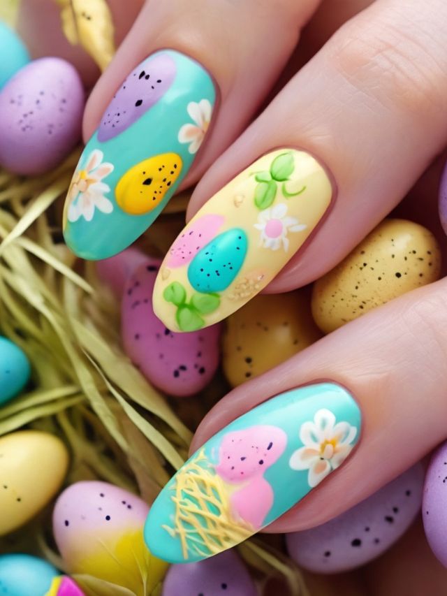 A woman's nails are beautifully adorned with colorful easter eggs and delicate flowers, showcasing a charming Easter bunny nail design.