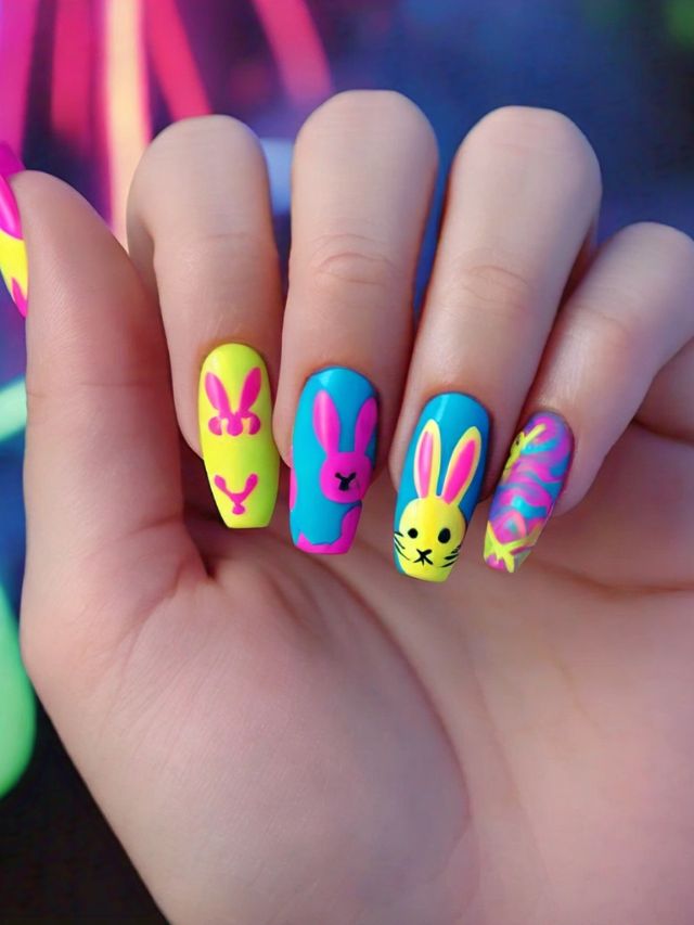 A person displaying a vibrant nail design featuring cute bunny motifs, perfect for Easter.