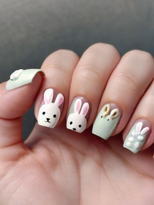 A person holding up bunny nail designs for Easter.