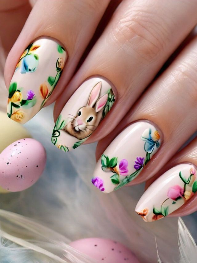 A hand with adorable bunny nail designs perfect for Easter.