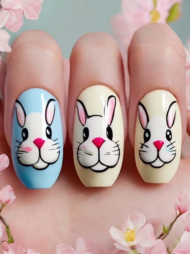 A woman is showcasing a stunning Easter bunny nail design.