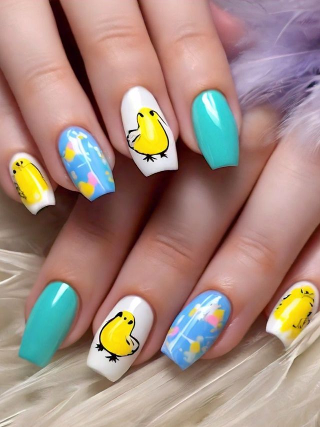A close up of Easter egg-inspired nail designs.