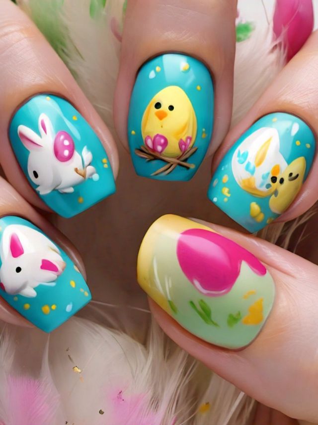 Celebrate Easter with cute nail designs featuring vibrant Easter egg-inspired patterns.