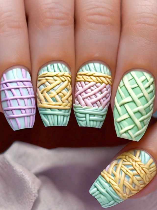 A close up of Easter Egg inspired nail designs.