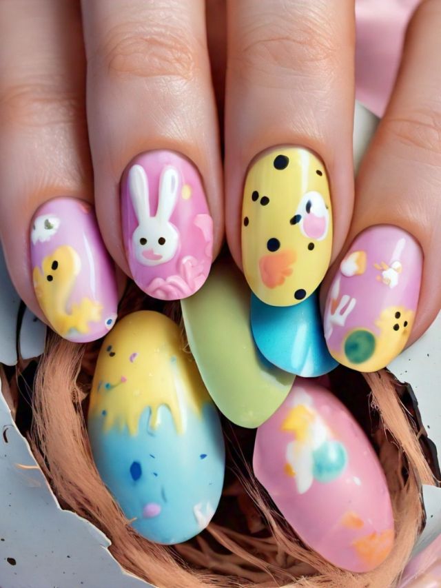 A hand showcasing cute Easter egg nail designs.
