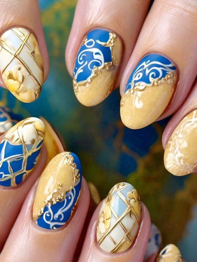 Japanese nails with gold and blue Easter egg designs.