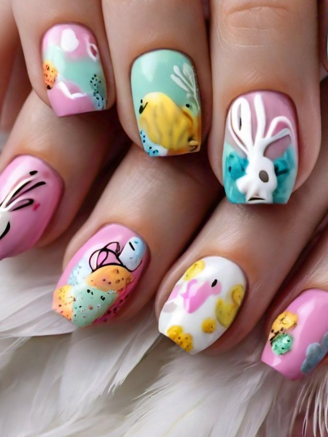 A woman's nails are decorated with vibrant Easter egg designs adorned with colorful flowers and delicate birds.