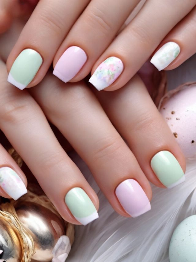 A woman's hand showcasing beautiful nail designs with vibrant pink and green shades, adorned with intricate Easter egg patterns.