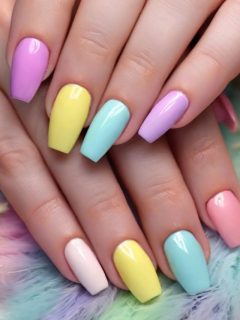 A woman's hands adorned with vibrant nail colors for Easter, showcasing inspiring designs.