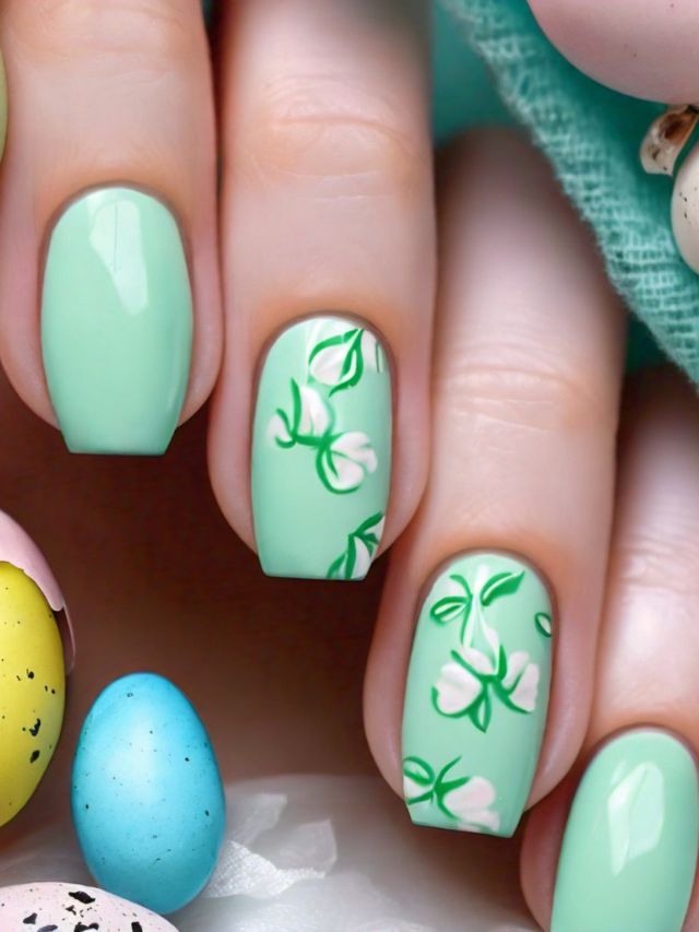 A woman's nails are creatively adorned with floral designs and colorful Easter eggs.