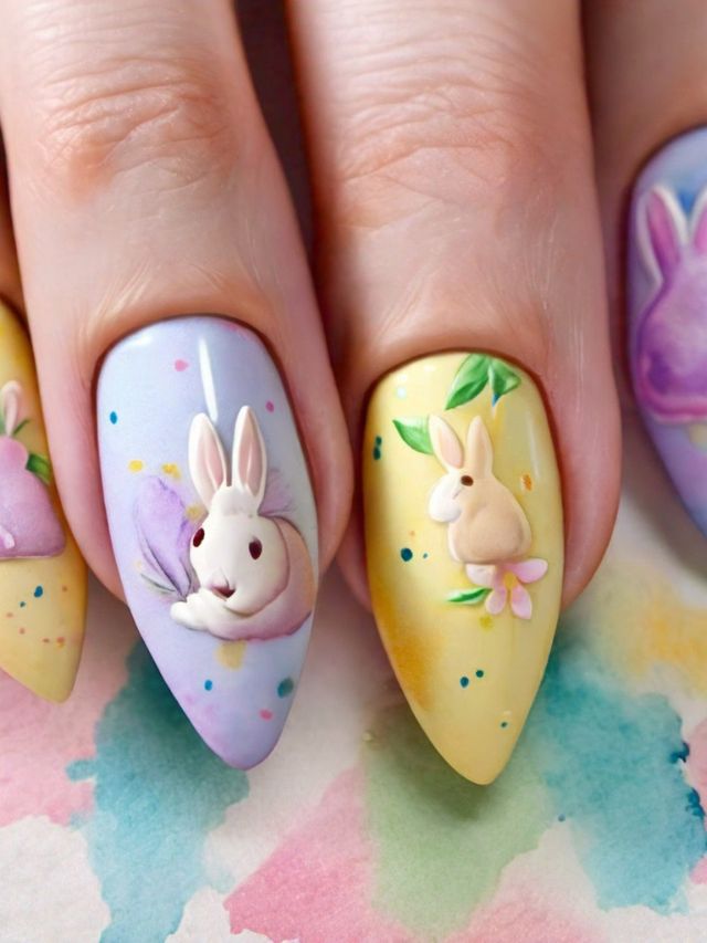 A woman's nails are adorned with adorable bunnies and vibrant flowers, creating inspiring designs perfect for Easter festivities.