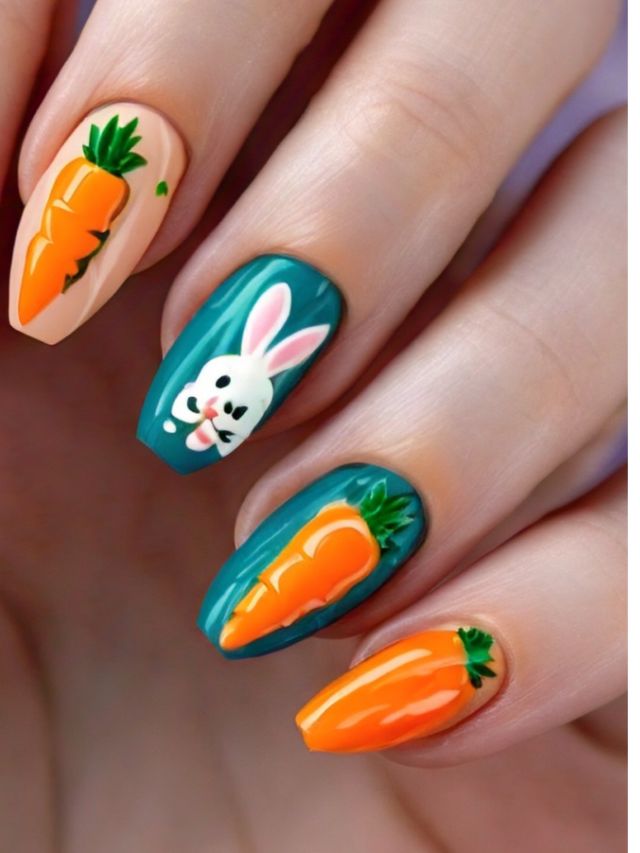 A woman's nails are adorned with inspiring Easter designs, featuring carrots and bunnies.