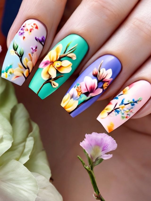 A woman's nails are decorated with Easter-inspired designs, featuring vibrant flower patterns.