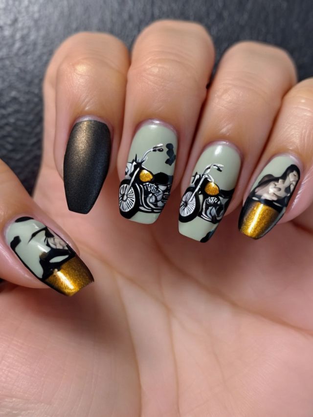 A person holding up a nail with a motorcycle design on it, showcasing stylish nail designs.