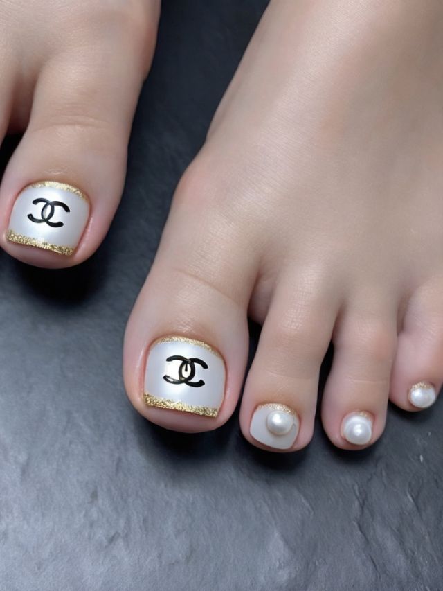 A woman's toes with pearls and chanel logo.