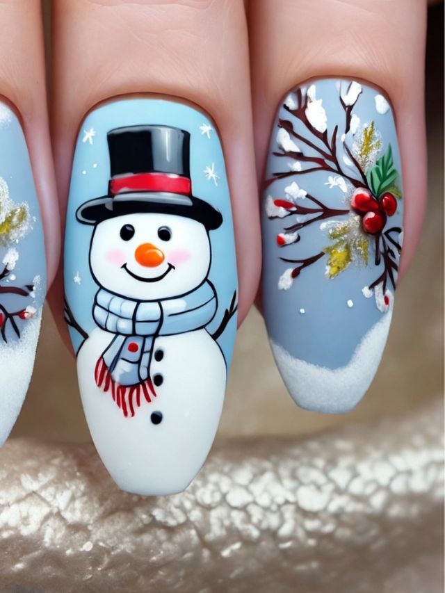 A woman's nails are decorated with a snowman design.