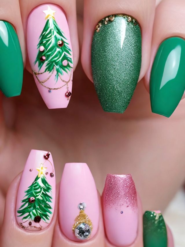 A festive nail design featuring a Christmas tree on pink and green nails.