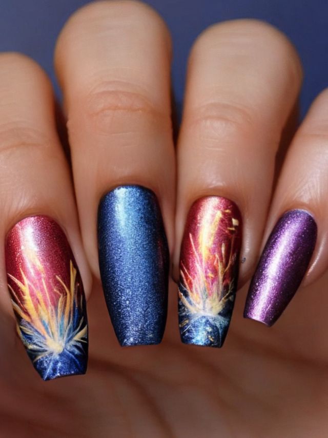 A woman's nails with a firework design on them, showcasing a cute and festive fall nail design.