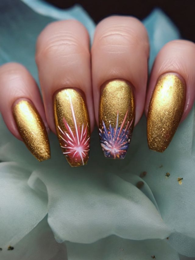 A woman holding a gold nail with fireworks on it, showcasing an elegant fall nail design.