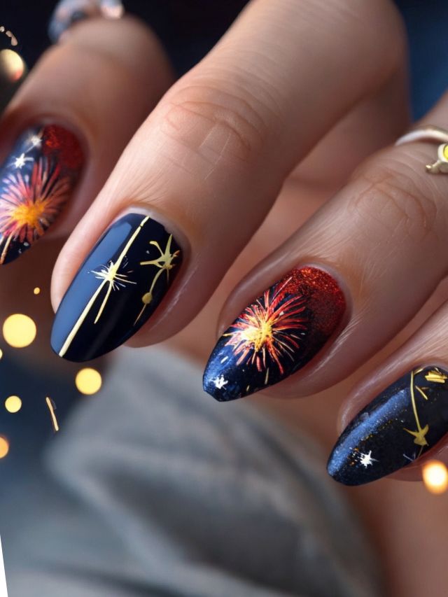 A woman's nails are decorated with cute fall-themed designs, including fireworks and stars.