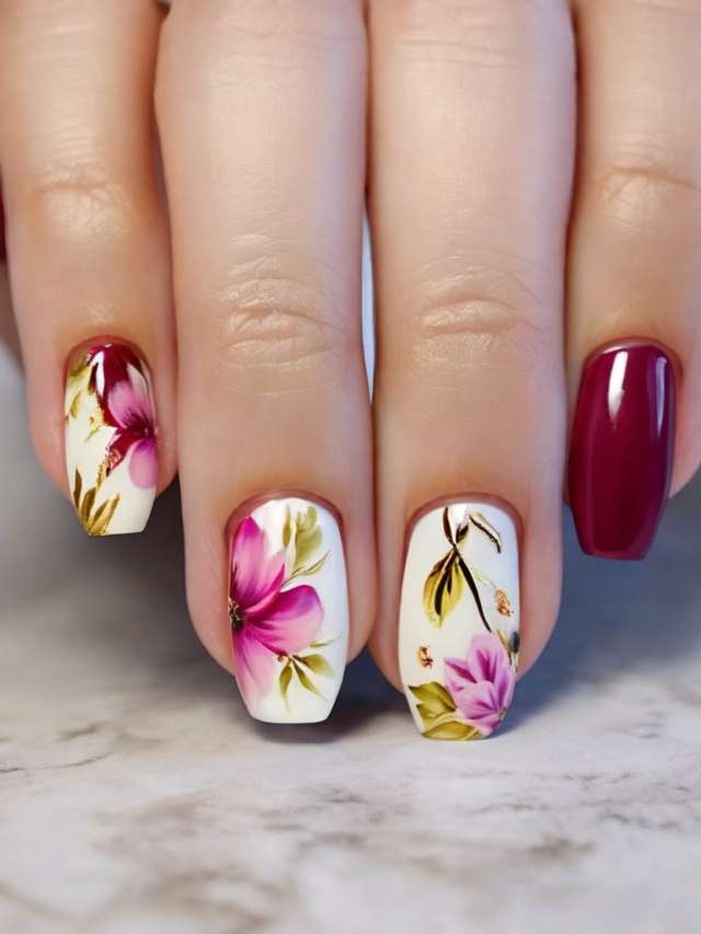 A woman's hand with flowers on her nails.